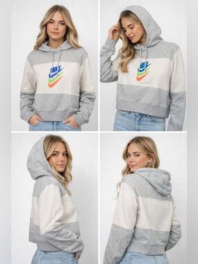 Nike Cropped Hoodie Women’s XS Gray Cream Colorblock Multicolor Logo Sweatshirt